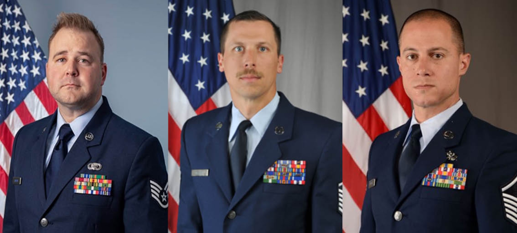 A graphic depicts three of the four 185th Air Refueling Wing Airmen, Staff Sgt. John Johnson, public affairs specialist, left, Master Sgt. Jordan Menard, middle and Master Sgt. Kyle Parkhill, right, that were selected as the unit's 2025 Airmen of the Year.