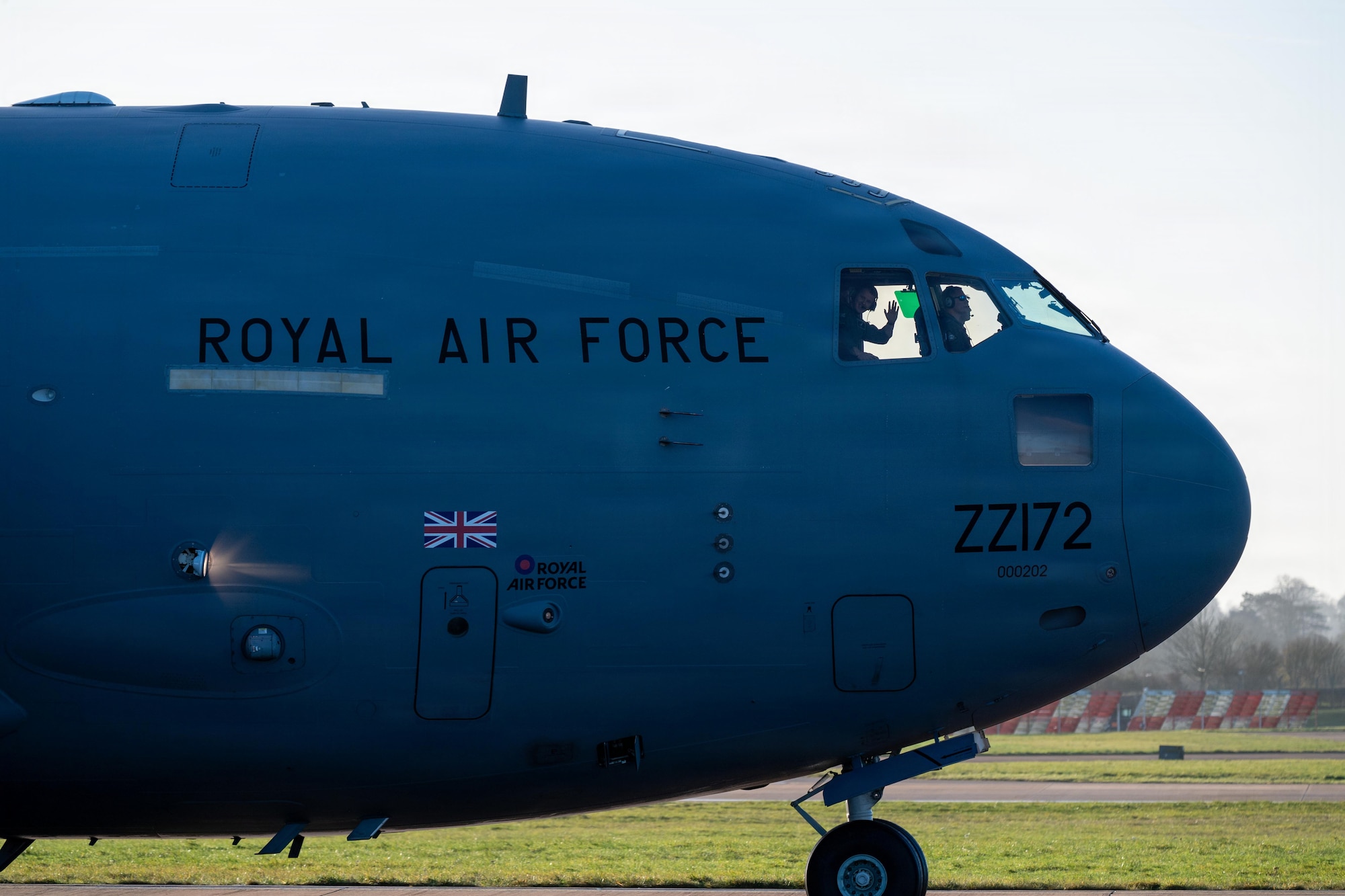 A Royal Air Force C-17 Globemaster III taxis on the flight line during Project MACE