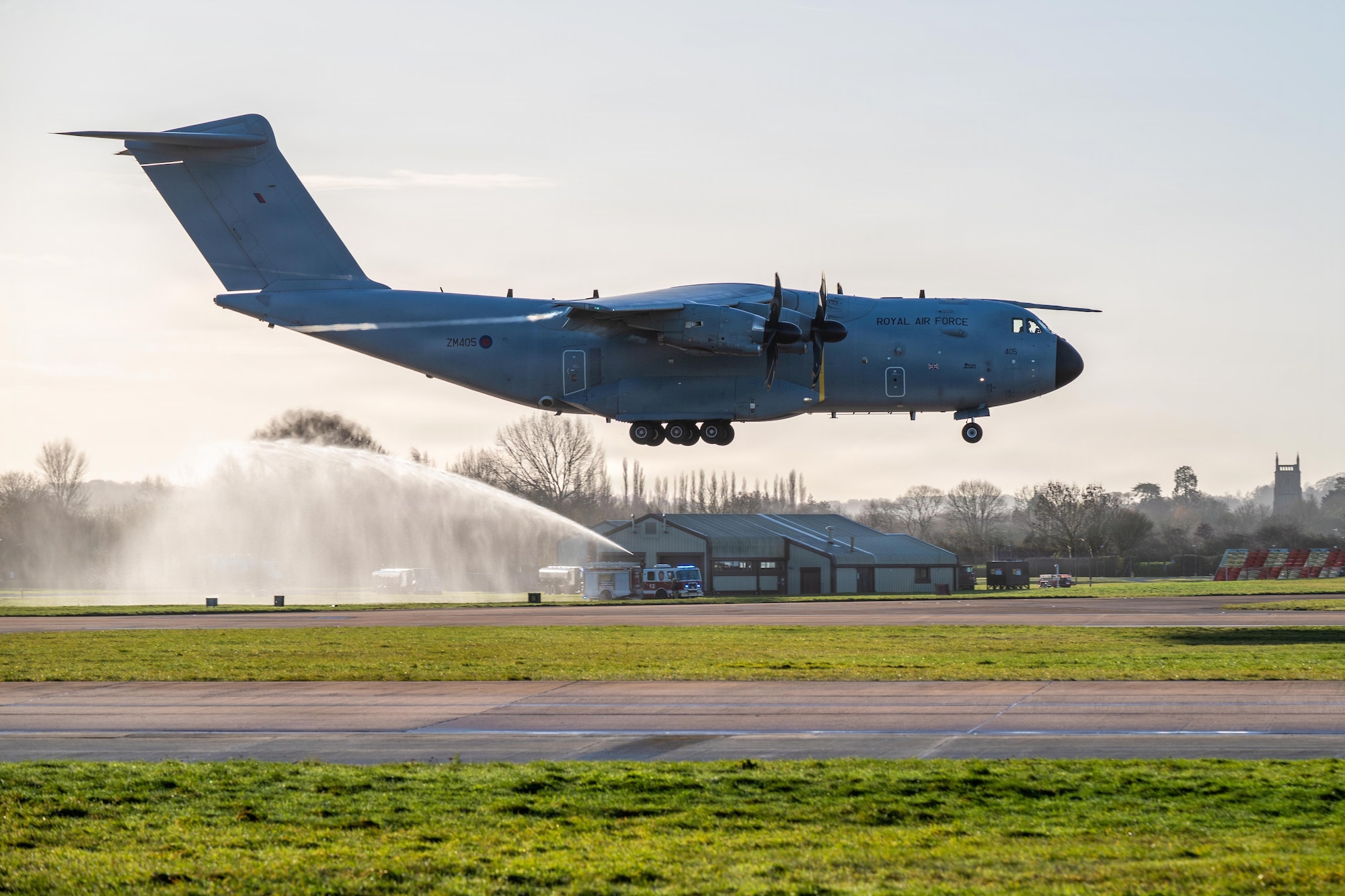 A Royal Air Force Airbus A400M Atlas prepares to land during Project MACE