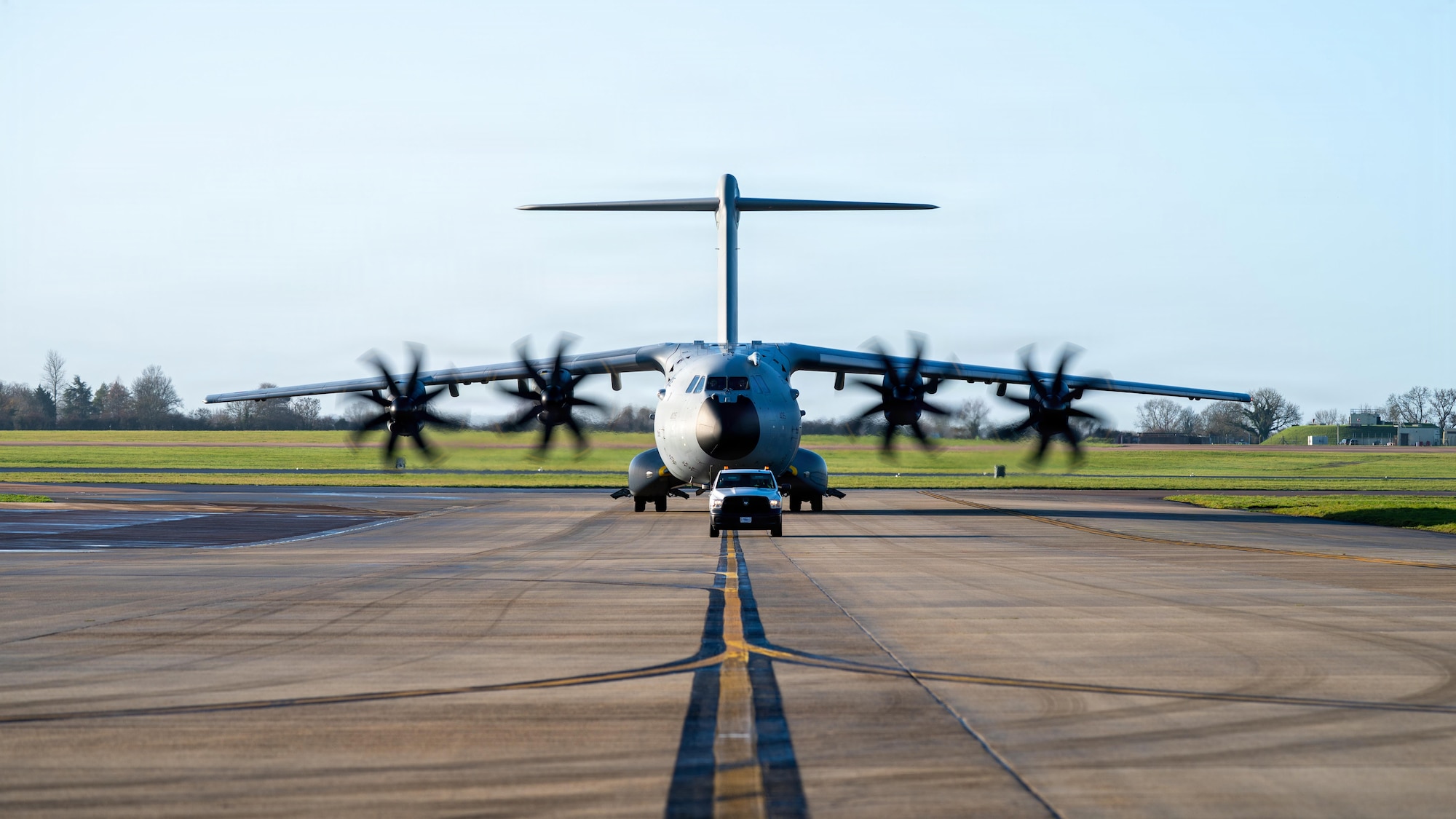 A Royal Air Force C-17 Globemaster III taxis on the flight line