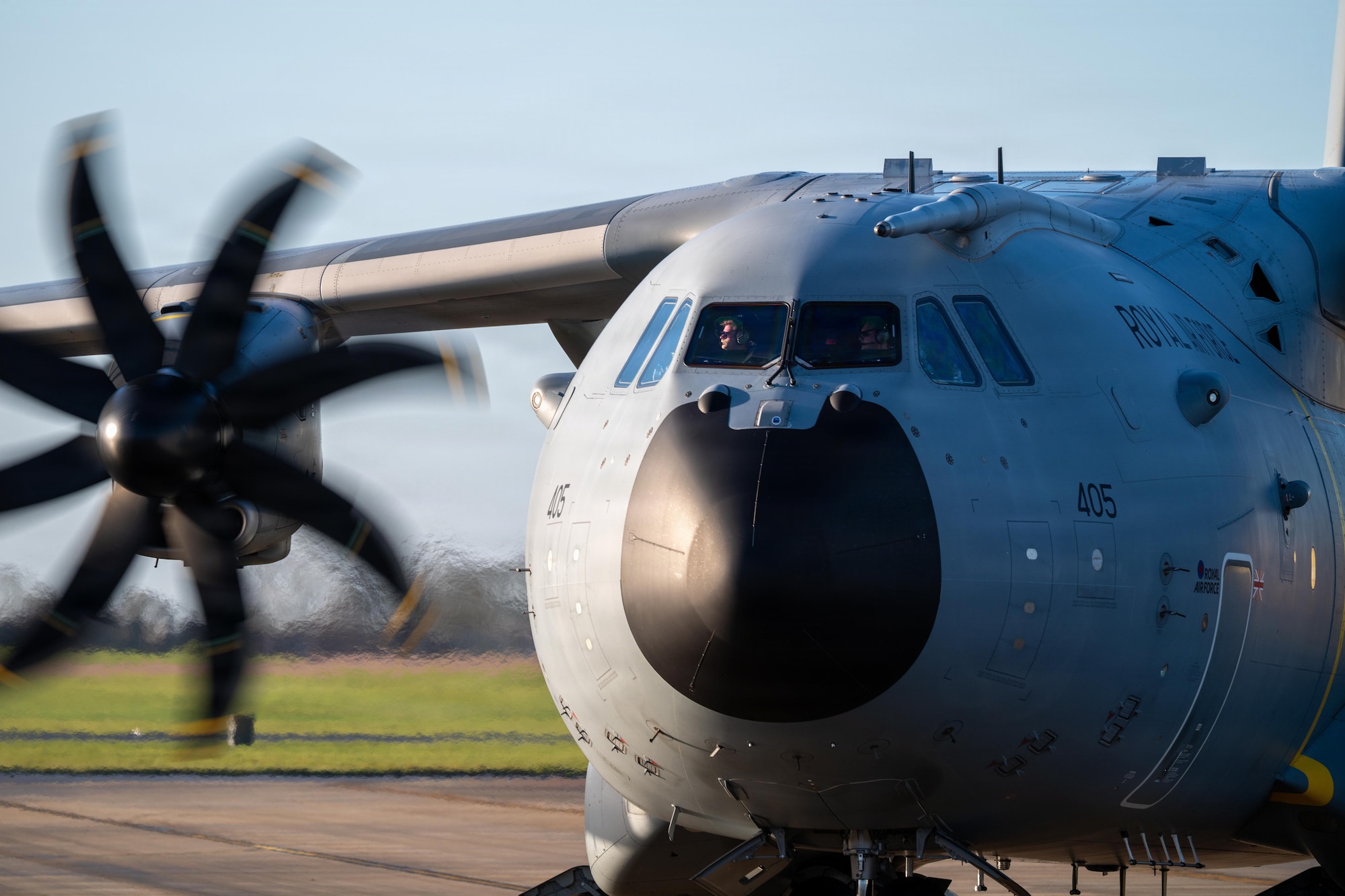 A Royal Air Force C-17 Globemaster III taxis on the flight line