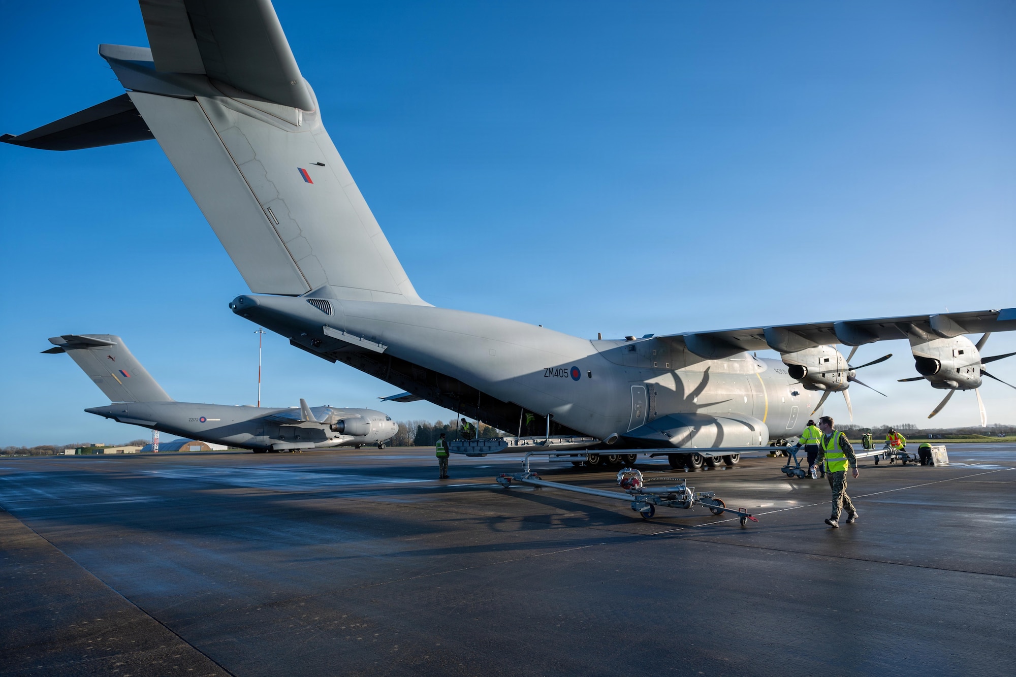 Royal Air Force C-17 Globemaster III aircraft sit on the flight line
