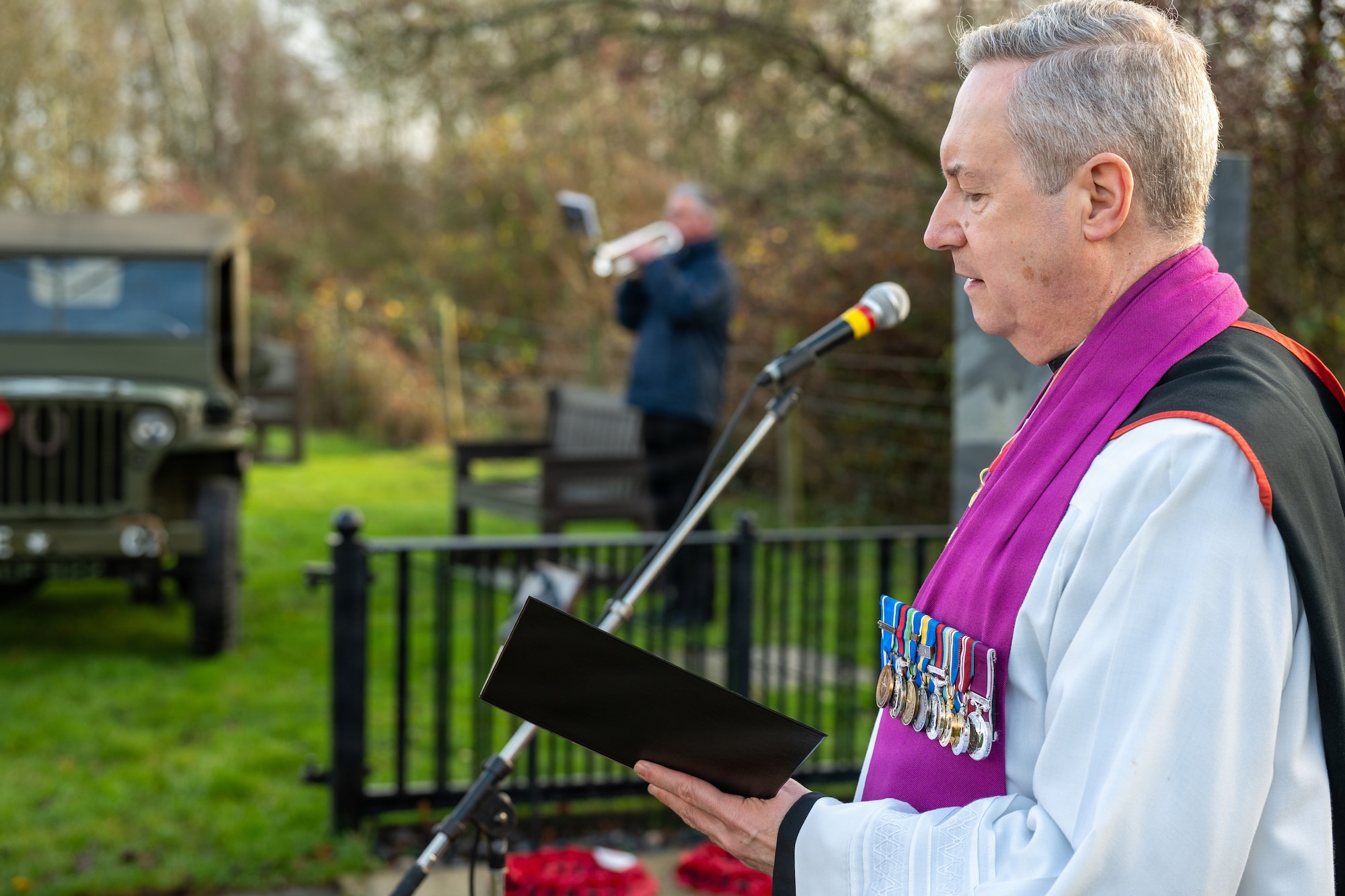 A clergy member delivers remarks during a memorial service