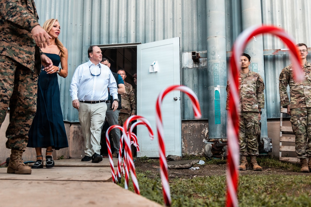 The Honorable John C. Phelan, secretary of the Navy, greets U.S. Airmen with the 5th Combat Communications Group at Jose Aponte de la Torre Airport in Ceiba, Puerto Rico, Dec. 24, 2025. U.S. military forces are deployed to the Caribbean in support of the U.S. Southern Command mission, Department of War-directed operations and the president’s priorities to disrupt illicit drug trafficking and protect the homeland. (U.S. Marine Corps photo)