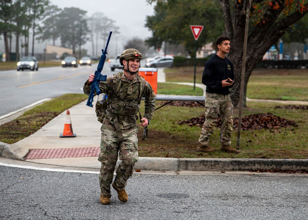 A U.S. Air Force Airman assigned to the 23d Combat Air Base Squadron completes a ruck at Moody Air Force Base, Georgia, Jan. 8, 2026. The event tested stamina and pace over distance, key components of readiness for the Army Air Assault Course’s 12mile, 35-pound ruck requirement. (U.S. Air Force photo by Senior Airman Leonid Soubbotine)