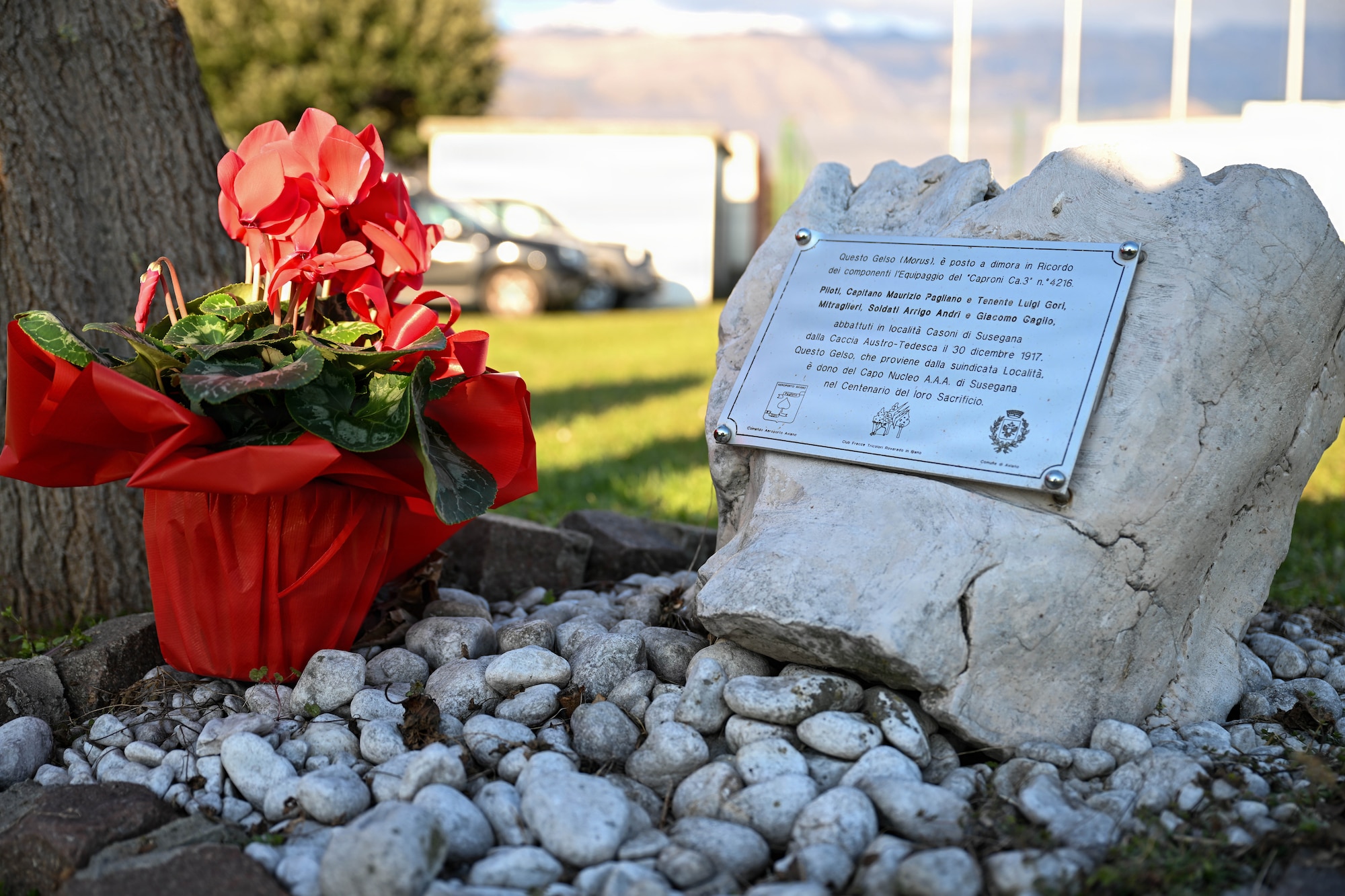 Memorial stone and flowers