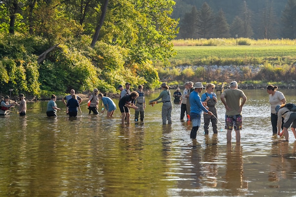 The team of partnering agencies gather in specific quadrants to place fatmucket mussels in the sands of the Cuyahoga River.