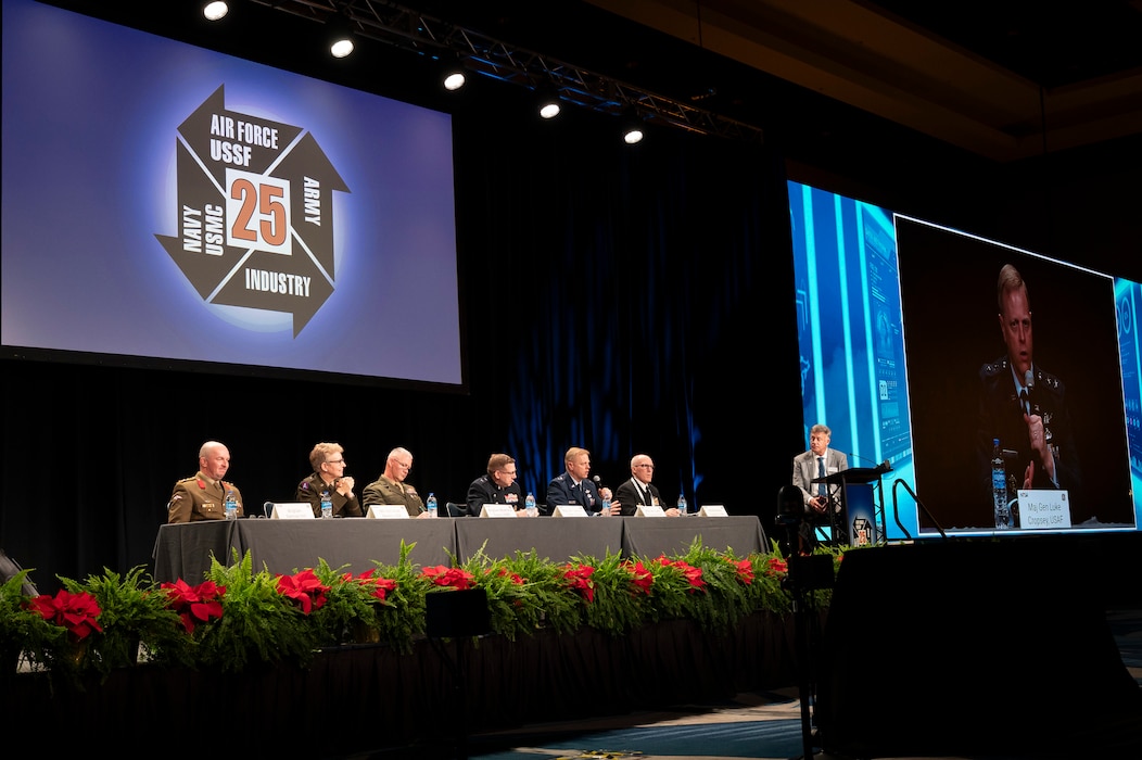 BGen Matthew Tracy (3rd from left), Commanding General of Education Command & President of Marine Corps University on the Senior Leader Panel (Aligning Training, Readiness, and Acquisition for Operational Dominance) at the 2025 Interservice/Industry, Training, Simulation and Education Conference (Optimizing Training:  Ensuring Operational Dominance) in Orlando, Florida on 2 Dec 2025. (USAF photo by Jim Varhegyi)