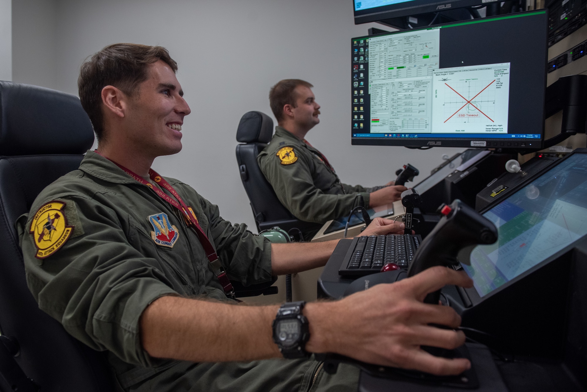 U.S. Air Force Senior Airman Nathan Colburn, 482nd Attack Squadron sensor operator instructor, operates an MQ-9 Reaper from a Ground Control Station at Shaw Air Force Base, S.C., Oct. 20, 2025.