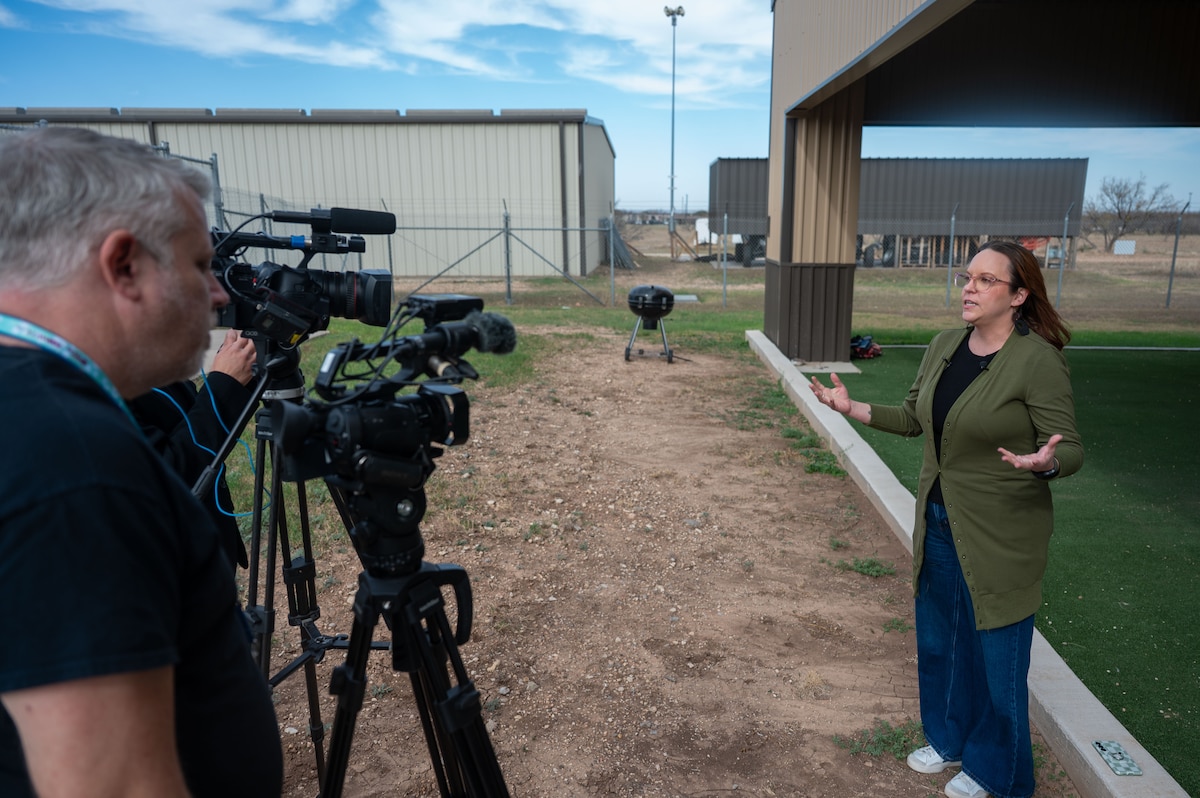 Jessica Behringer, San Angelo Chamber of Commerce program specialist, speaks during a Leadership San Angelo Class of 2026 immersion visit at Goodfellow Air Force Base, Jan. 8, 2026. The immersion strengthened partnerships between the installation and the local community by highlighting the base’s training mission and daily operations. (U.S. Air Force photo by Airman 1st Class James Salellas)