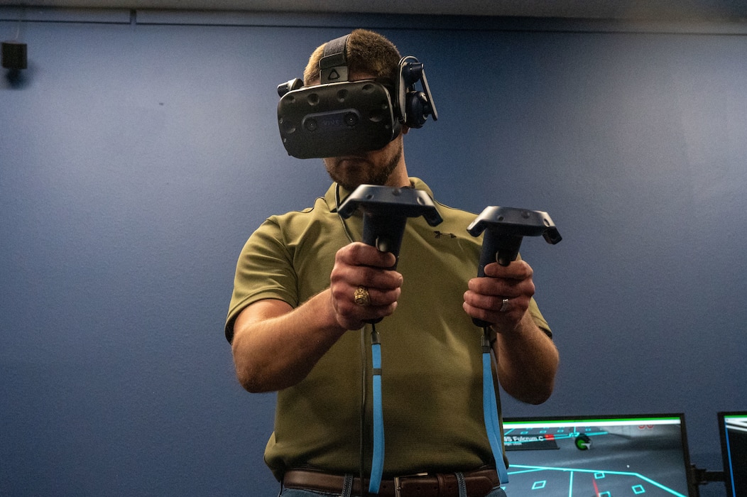 Adam Hallmark, Leadership San Angelo Alumni, uses virtual reality training equipment at the Instructional Technology Unit during a LSA immersion at Goodfellow Air Force Base, Jan. 8, 2026. The visit demonstrated how innovative instructional tools enhance training effectiveness and support mission readiness. (U.S. Air Force photo by Airman 1st Class James Salellas)