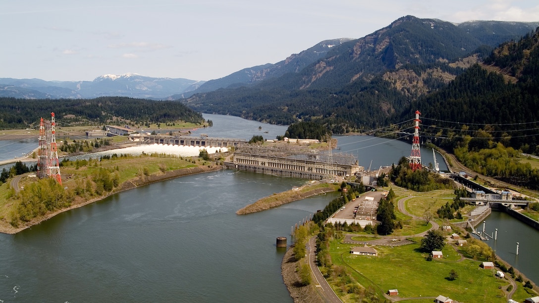 An aerial image of Bonneville Lock and Dam.