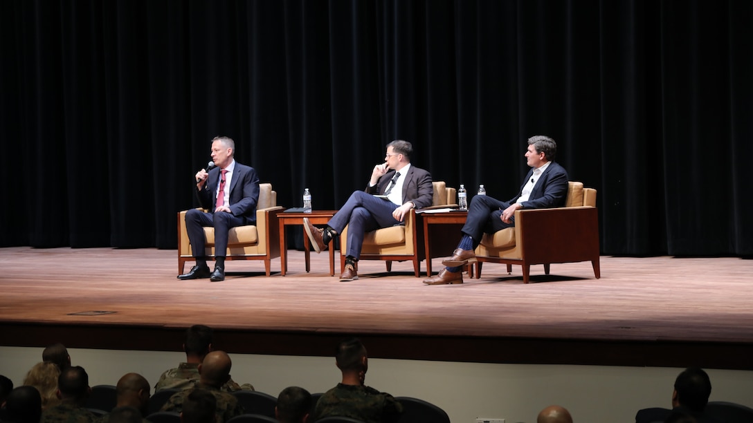 AY-2026 President’s Lecture Series (theme:  Technology and the Art of War), Event #2:  Decisional Advantage in the Age of AI. L-R:  Mr. Joe Larson III (Vice President for Government, OpenAI), moderator Dr. Ben Jensen (Peter Chair and School of Advanced Warfare Professor), and Mr. Jared Jonker (Senior Director for Agentic Warfare, ScaleAI).