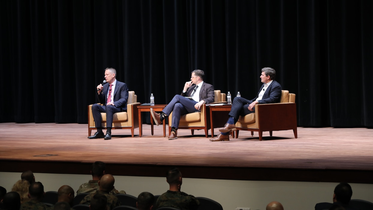 AY-2026 President’s Lecture Series (theme:  Technology and the Art of War), Event #2:  Decisional Advantage in the Age of AI. L-R:  Mr. Joe Larson III (Vice President for Government, OpenAI), moderator Dr. Ben Jensen (Peter Chair and School of Advanced Warfare Professor), and Mr. Jared Jonker (Senior Director for Agentic Warfare, ScaleAI) on 20 Nov 2025.