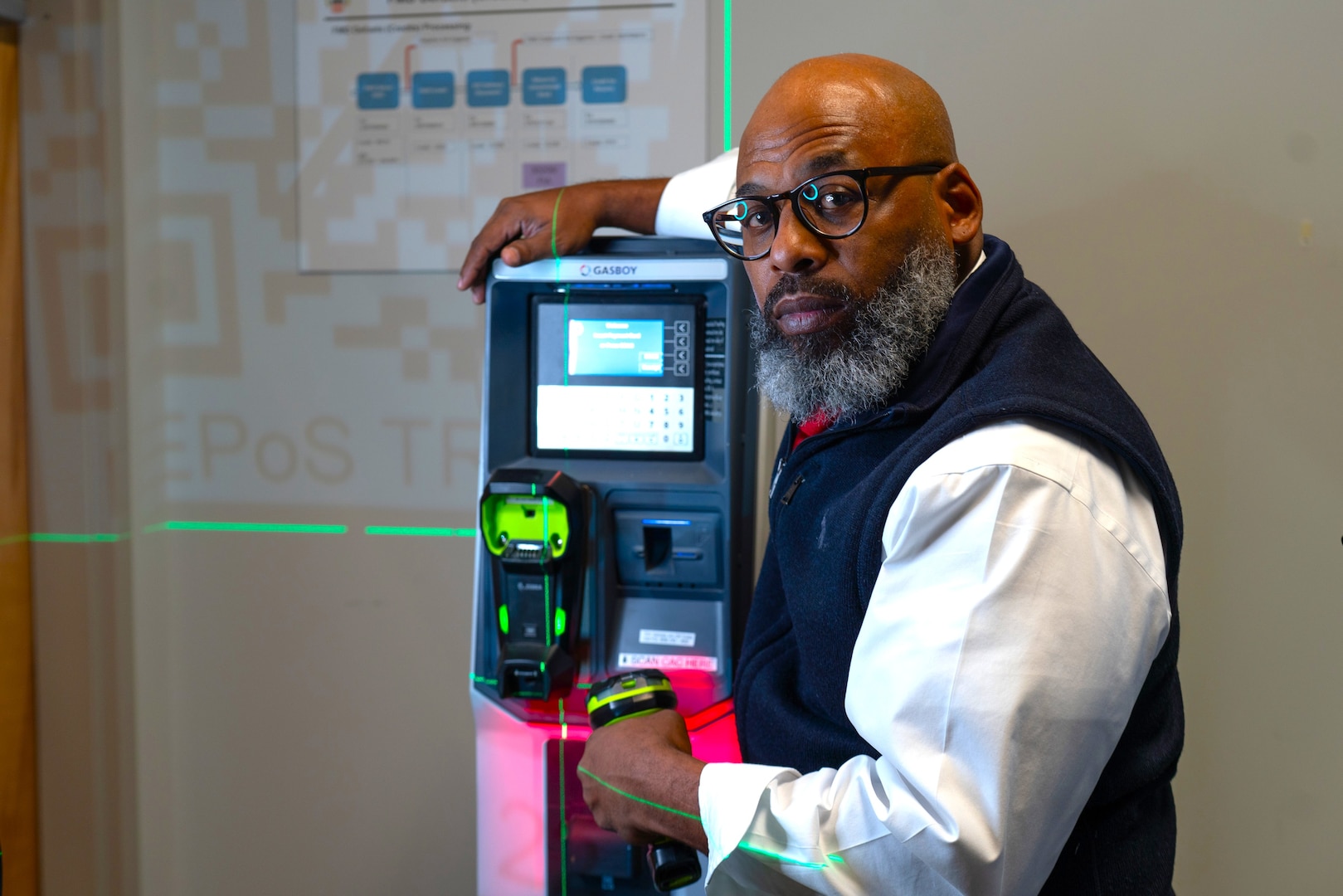 Man standing next to transaction machine.