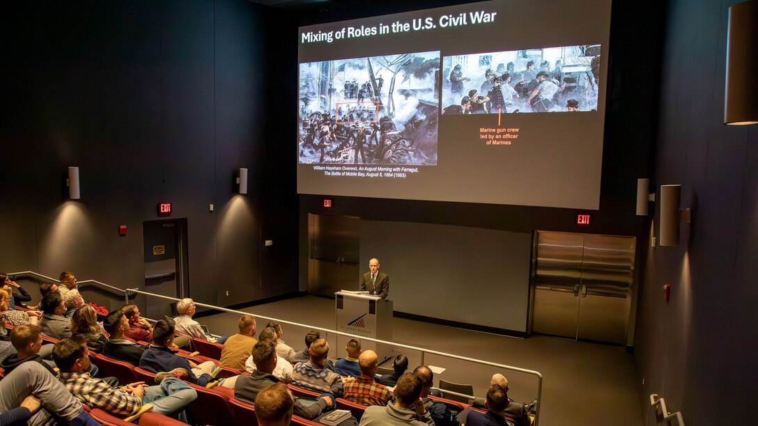 Dr. Shawn Callahan, Director of Marine Corps History Division was the second guest lecturer featured in the USMC 250 Lecture Series at National Museum of the Marine Corps. His topic was "The Marine Corps as Defined by its 250-Year Relationship with the U.S. Navy." The seven-part lecture series examines the development of defining cultural traits over the history of the Marine Corps. 9 Dec 2025, Triangle, Virginia.