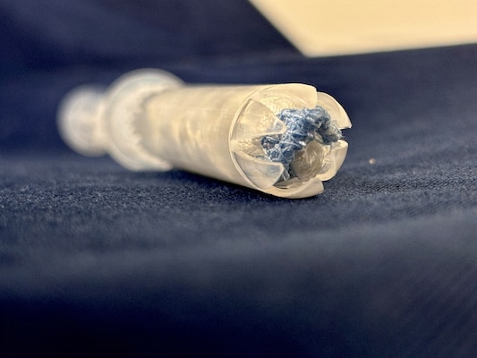 Naval Medical Research Command (NMRC) in partnership with medical device company, RevMedx developed the XSTAT P15, an advanced hemostatic device designed to control severe bleeding in narrow entrance wounds such as those caused by gunshots or shrapnel. This device uses miniature sponges that expand rapidly to exert pressure onto the wound site and can be easily removed during surgery. NMRC, headquarters of Navy Medicine Research & Development, is engaged in a broad spectrum of activity from basic science in the laboratory to field studies in austere and remote areas of the world to investigations in operational environments. In support of Navy, Marine Corps and joint U.S. warfighter health, readiness and lethality, researchers study infectious diseases, biological warfare detection and defense, combat casualty care, environmental health concerns, aerospace and undersea medicine, operational mission support and epidemiology. (U.S. Navy photo by Aleece Williams/Released)