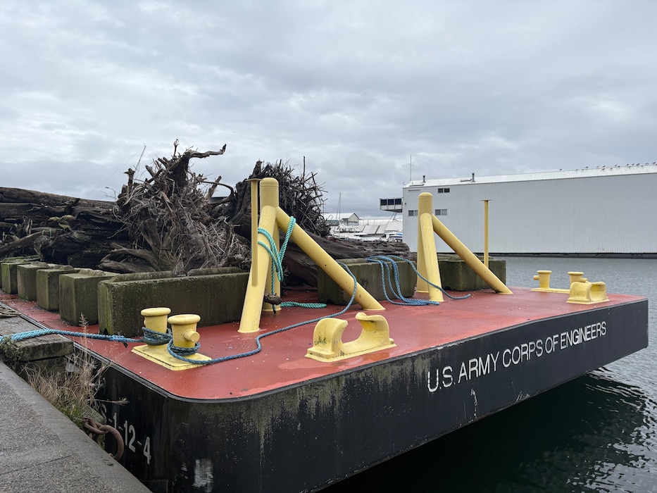 A U.S. Army Corps of Engineers-owned barge is stacked with large woody debris, recovered by Seattle District's Motor Vessel (MV) Puget.