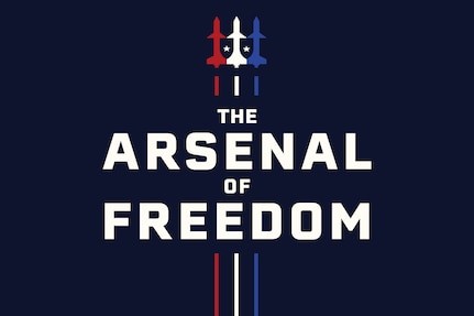 A dark blue background with the words "The Arsenal of Freedom" centered and three aircraft vertically in the middle: one red, one white, one blue, and two tiny white stars separating the aircraft.