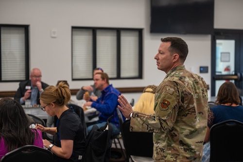 U.S. Air Force Col. Jason Gerber, 17th Training Group commander, speaks with members of the Leadership San Angelo Class of 2026 during a wing mission brief at Goodfellow Air Force Base, Jan. 8, 2026. The immersion provided civic leaders an overview of how the 17th Training Wing trains, transforms and empowers joint and coalition warriors. (U.S. Air Force photo by Airman 1st Class James Salellas)