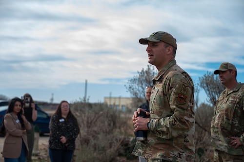 U.S. Air Force Lt. Col. Benjamin Shearer, 312th Training Squadron commander, speaks with the Leadership San Angelo Class of 2026 during an immersion at Goodfellow Air Force Base, Jan. 8, 2026. Participants received firsthand insight into how Goodfellow supports global security through specialized training. (U.S. Air Force photo by Airman 1st Class James Salellas)