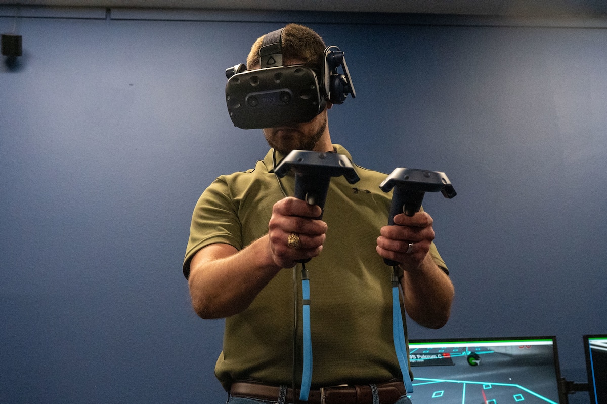 Adam Hallmark, Leadership San Angelo Alumni, uses virtual reality training equipment at the Instructional Technology Unit during a LSA immersion at Goodfellow Air Force Base, Jan. 8, 2026. The visit demonstrated how innovative instructional tools enhance training effectiveness and support mission readiness. (U.S. Air Force photo by Airman 1st Class James Salellas)