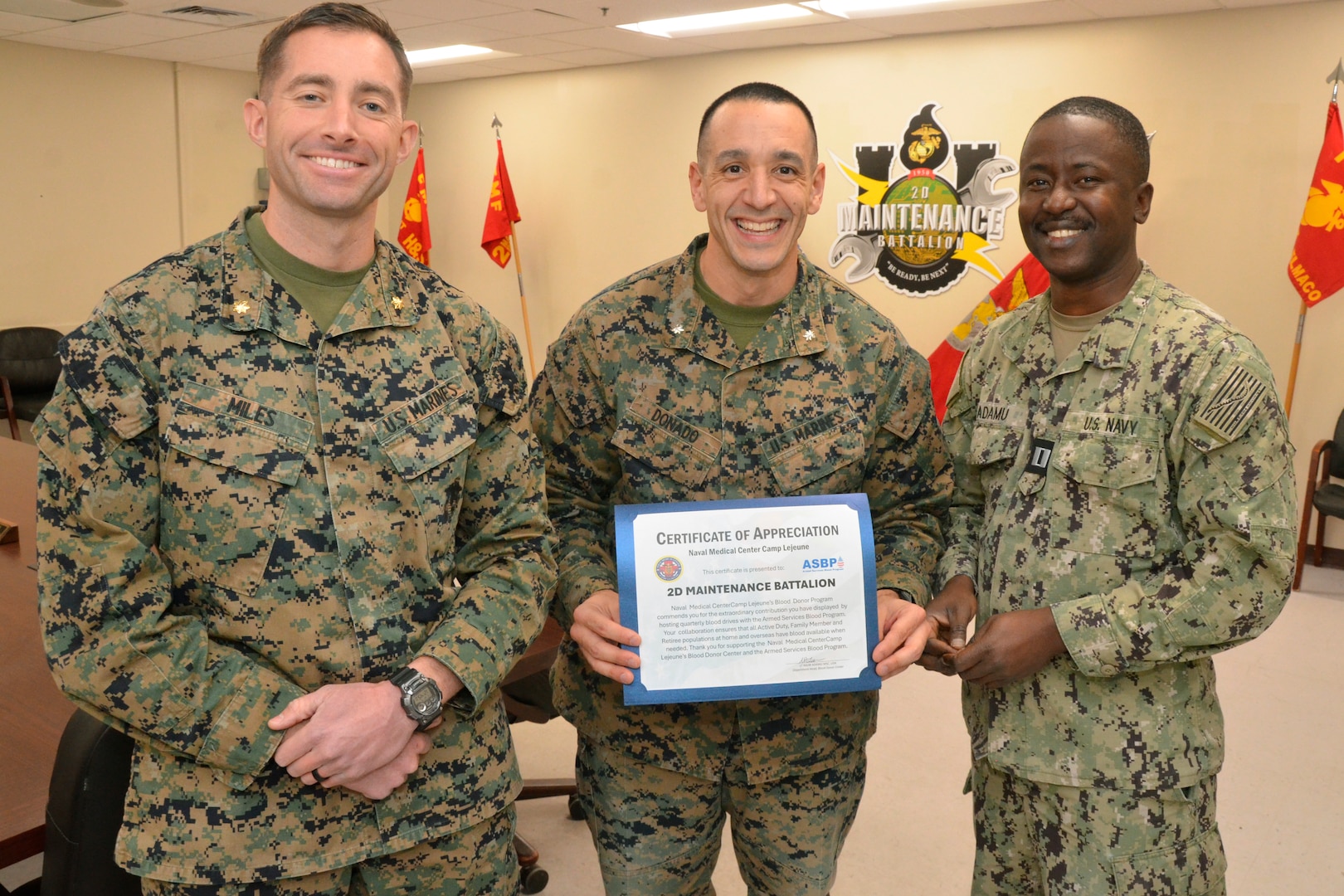 Armed Services Blood Program Presents Certificate of Appreciation to 2nd Maintenance Battalion Leadership