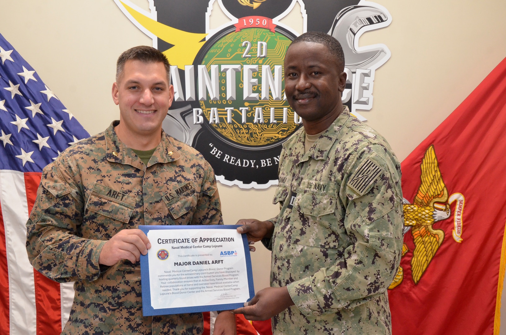 Armed Services Blood Program Presents Certificate of Appreciation to 2nd Maintenance Battalion Operations Officer
