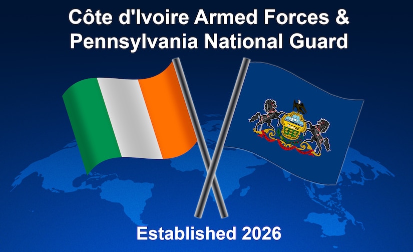 Pennsylvania National Guard and Côte d’Ivoire military officials announced on Jan. 13, 2026, that the Pennsylvania National Guard has been selected to partner with Côte d’Ivoire through the Department of War National Guard State Partnership Program. (Pennsylvania National Guard graphic by Wayne V. Hall)