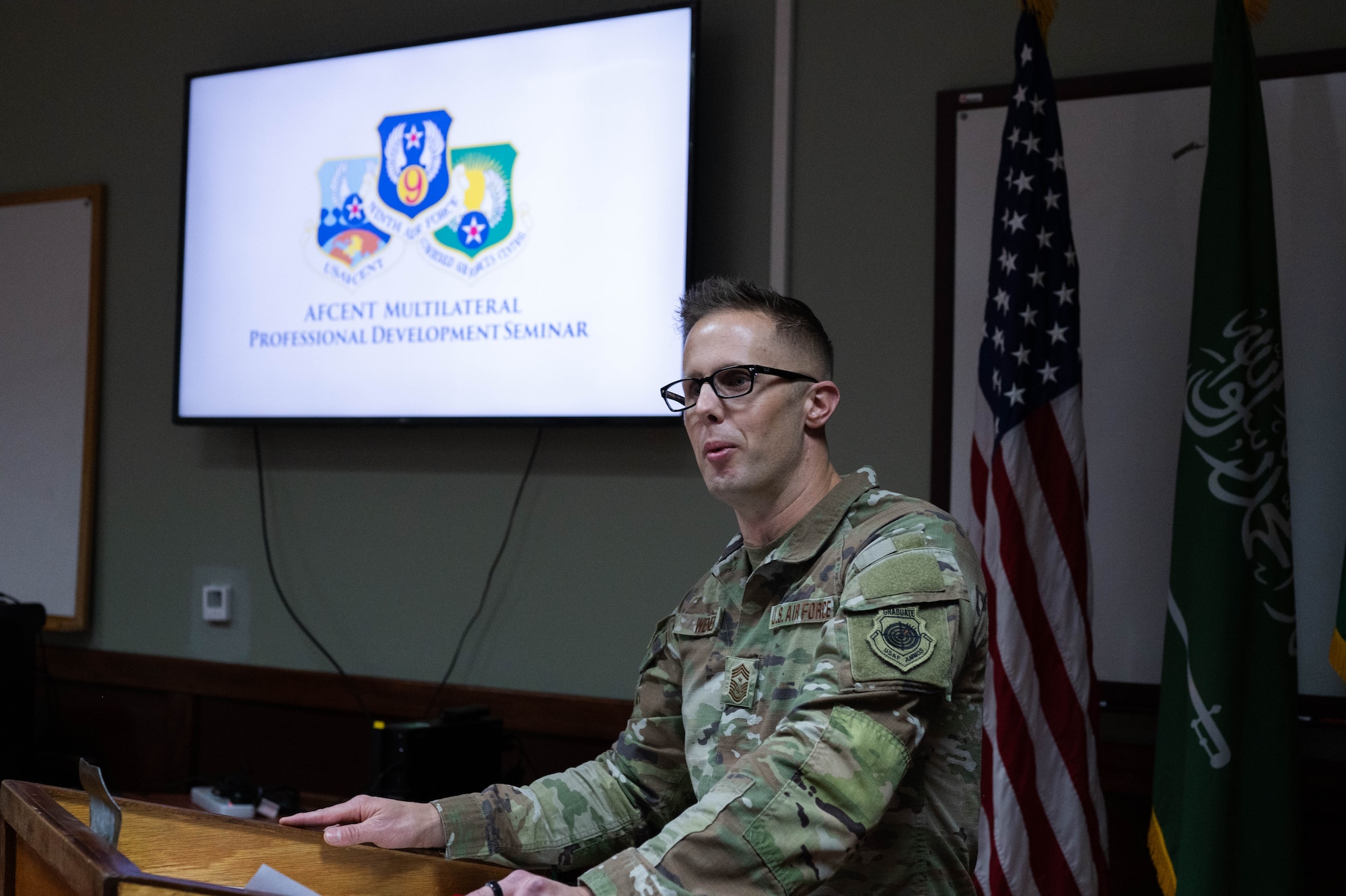 Chief Master Sgt. Joshua Wiener, Ninth Air Force command chief, welcomes coalition senior leaders at the  U.S. Air Forces Central Command Multilateral Professional Development Seminar, in the U.S. Central Command area of responsibility, Jan. 5, 2026.