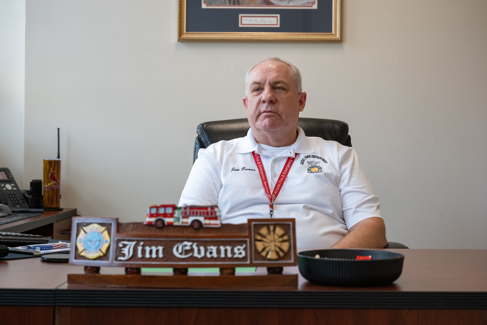 Arnold Air Force Base Fire and Emergency Services Chief Jim Evans discusses his background and goals for the department Jan. 7, 2026, from his office at Arnold AFB, Tenn. Evans assumed the role of Arnold FES chief Dec. 19, 2025, following the retirement of the previous installation fire chief. (U.S. Air Force photo by Keith Thornburgh)
