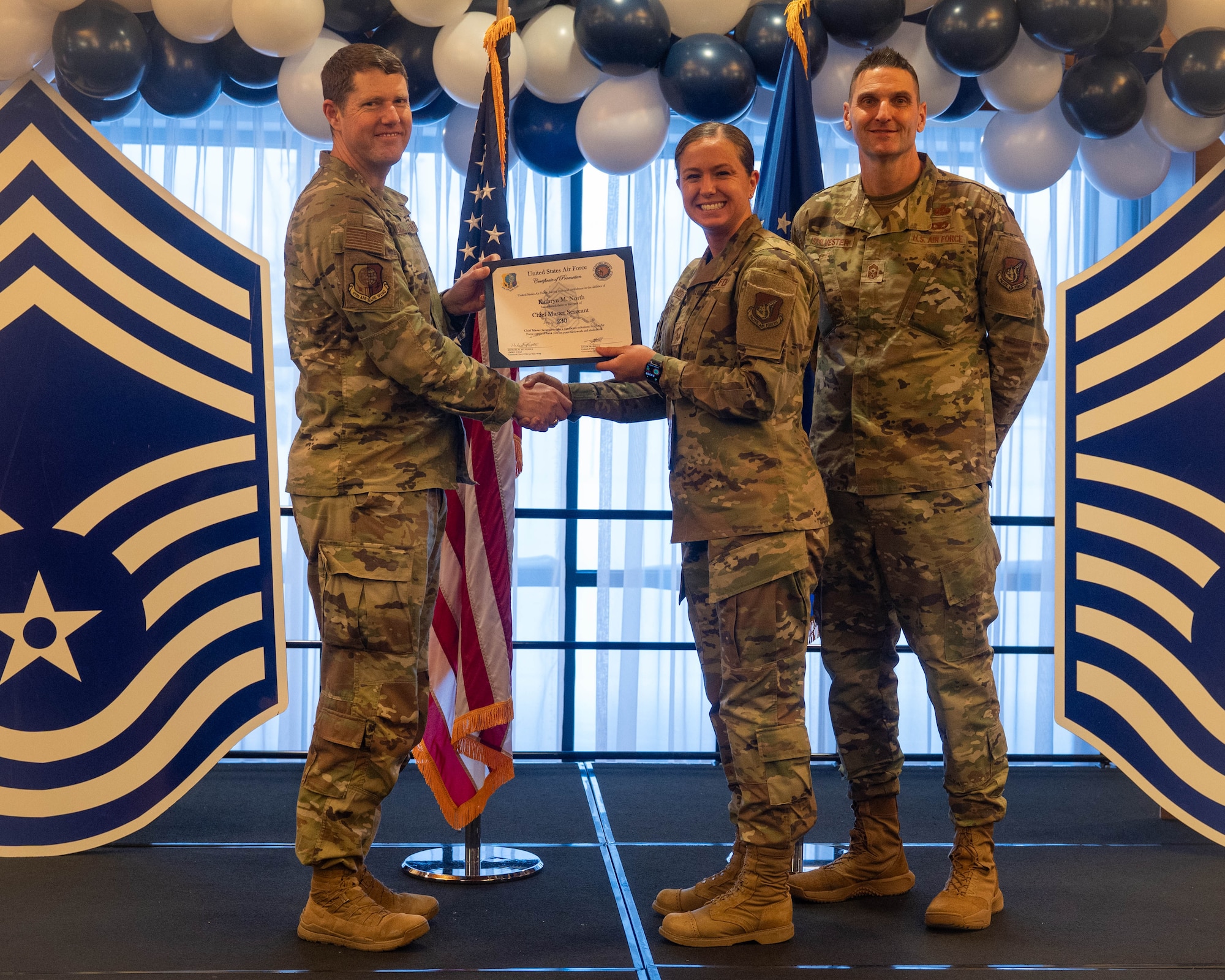 673d Air Base Wing leadership recognizes the senior master sergeants selected for promotion to chief master sergeant during a release party at the Arctic Warrior Event Center at Joint Base Elmendorf-Richardson, Alaska, Jan. 8, 2026. For the year 2026, Air Force officials selected only 640 senior master sergeants for promotion out of 2,445 eligible candidates for a selection rate of 26.18 percent. (U.S. Air Force photo by Airman 1st Class Theodore Gowdy)