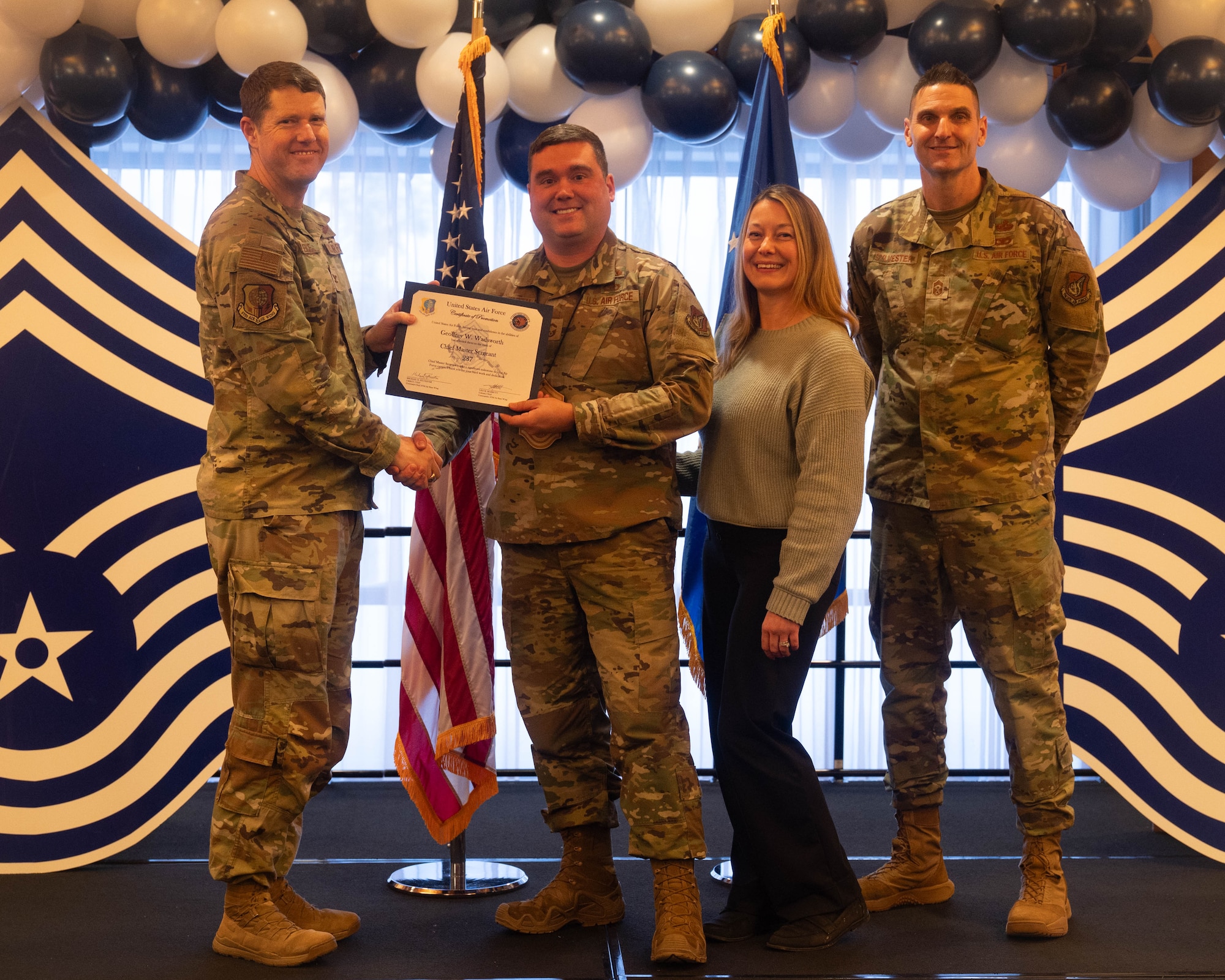 673d Air Base Wing leadership recognizes the senior master sergeants selected for promotion to chief master sergeant during a release party at the Arctic Warrior Event Center at Joint Base Elmendorf-Richardson, Alaska, Jan. 8, 2026. For the year 2026, Air Force officials selected only 640 senior master sergeants for promotion out of 2,445 eligible candidates for a selection rate of 26.18 percent. (U.S. Air Force photo by Airman 1st Class Theodore Gowdy)