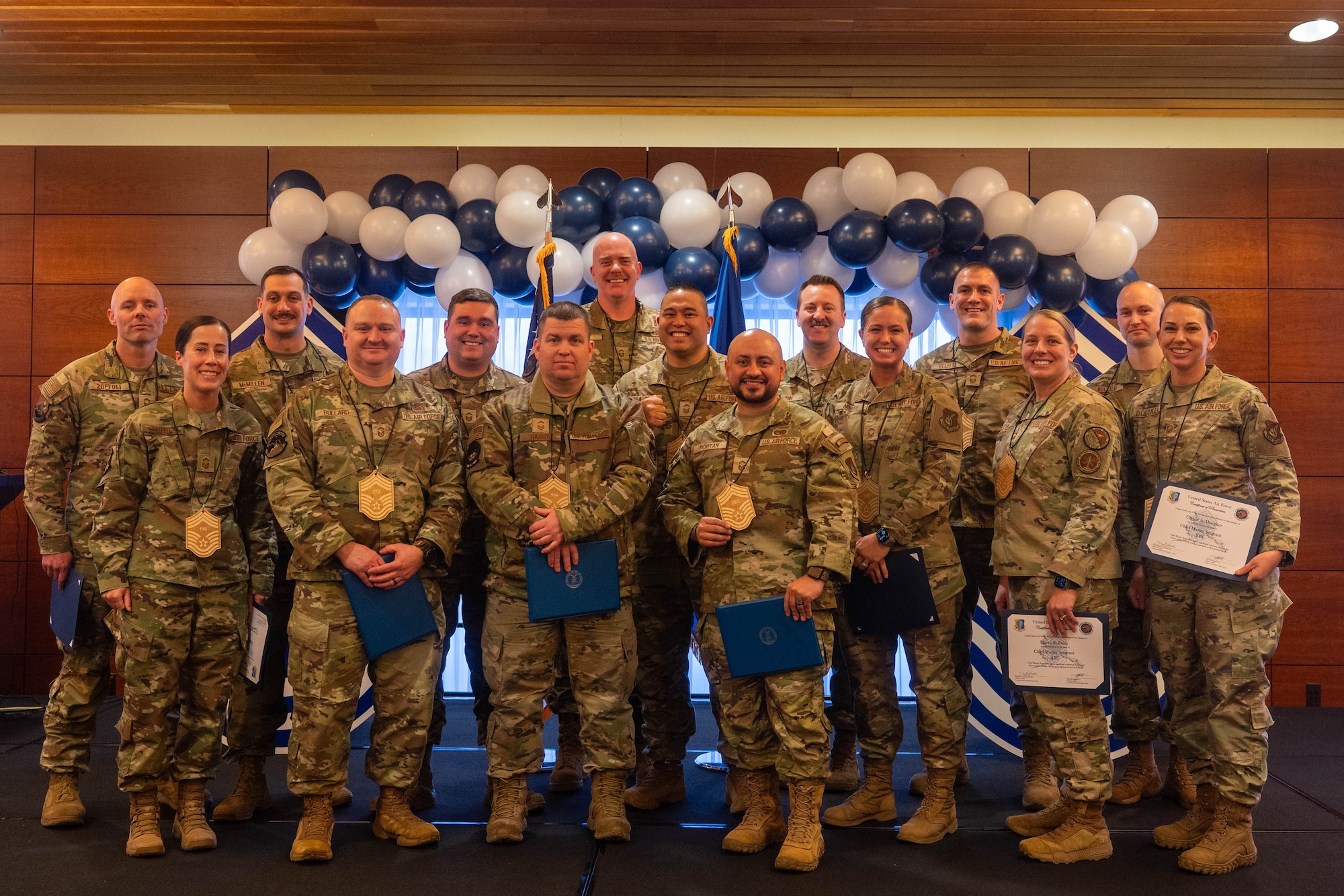 Leadership recognizes the senior master sergeants selected for promotion to chief master sergeant during a release party at the Arctic Warrior Event Center at Joint Base Elmendorf-Richardson, Alaska, Jan. 8, 2026. For the year 2026, Air Force officials selected only 640 senior master sergeants for promotion out of 2,445 eligible candidates for a selection rate of 26.18 percent. (U.S. Air Force photo by Airman 1st Class Theodore Gowdy)