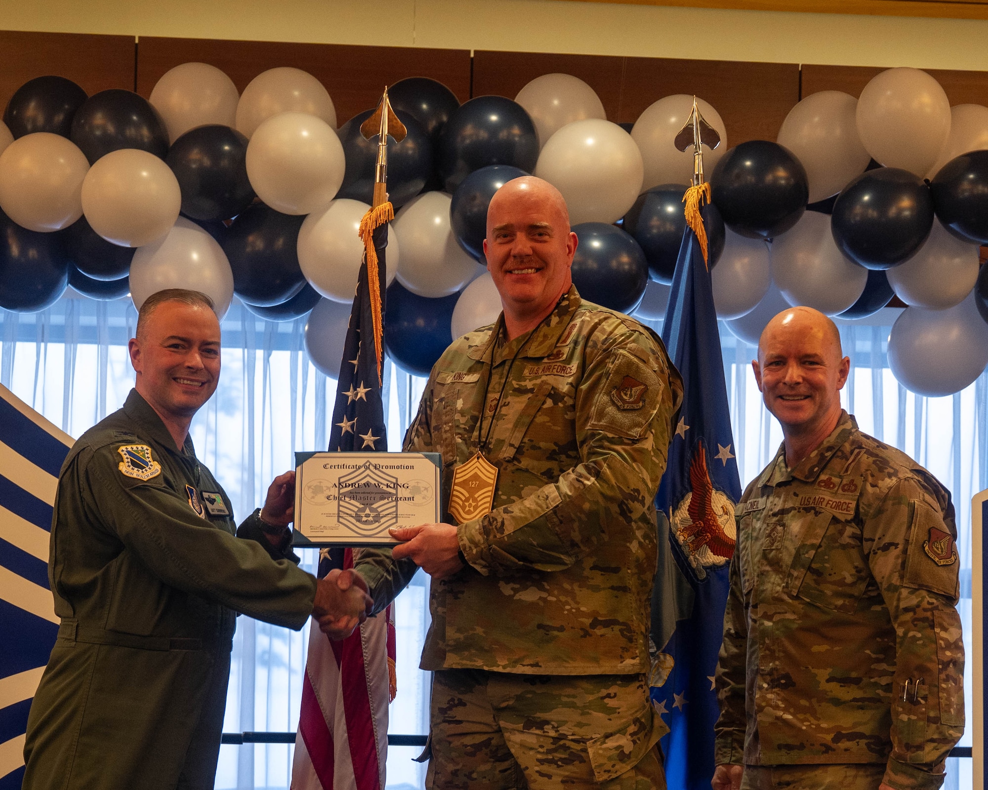 3rd Wing leadership recognizes the senior master sergeants selected for promotion to chief master sergeant during a release party at the Arctic Warrior Event Center at Joint Base Elmendorf-Richardson, Alaska, Jan. 8, 2026. For the year 2026, Air Force officials selected only 640 senior master sergeants for promotion out of 2,445 eligible candidates for a selection rate of 26.18 percent. (U.S. Air Force photo by Airman 1st Class Theodore Gowdy)