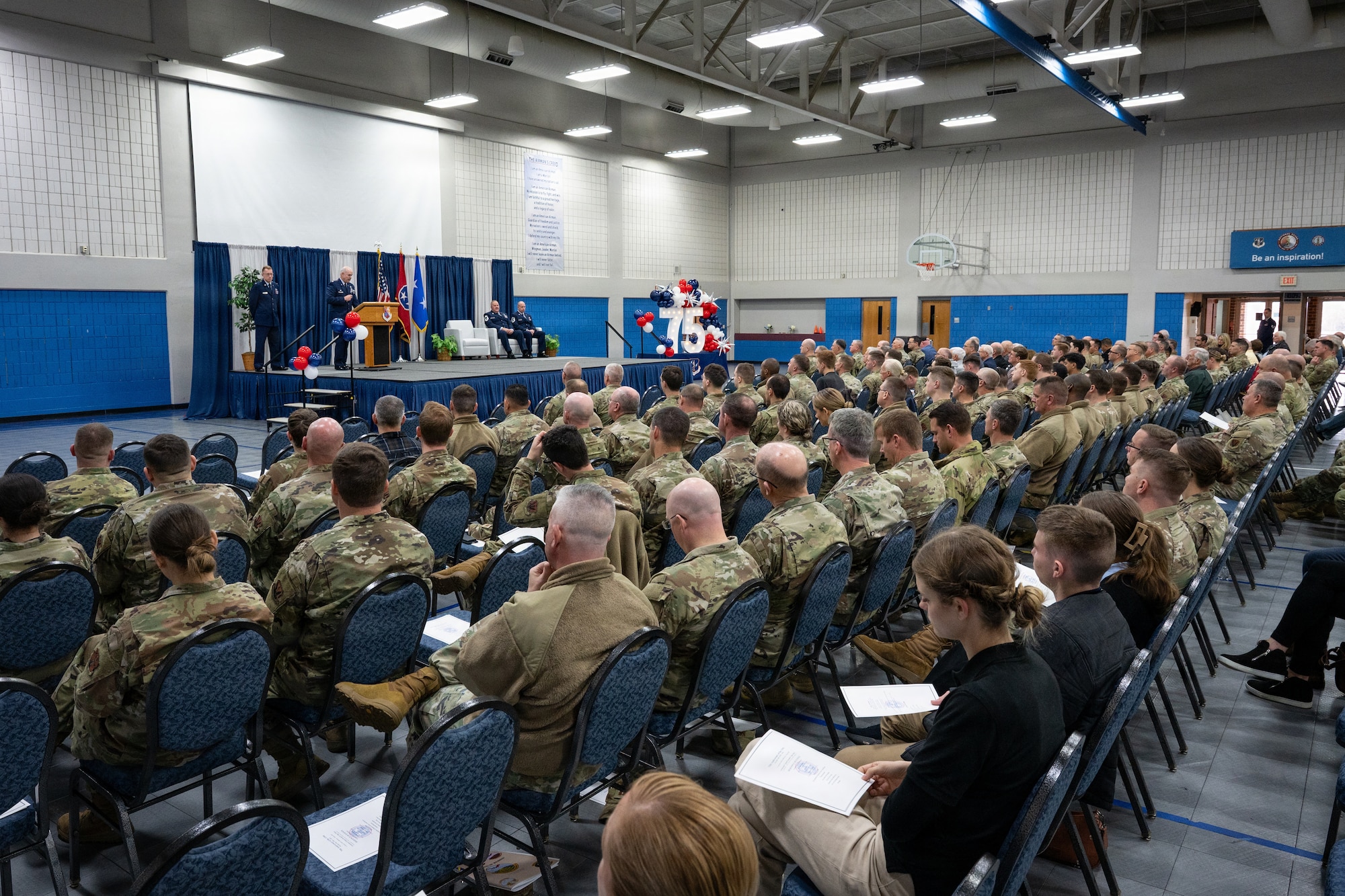 U.S. Air National Guardsmen assigned to the 134th Air Refueling Wing attend the 119th Cyberspace Operations Squadron’s 75th anniversary ceremony at McGhee Tyson Air National Guard Base, Tennessee, Jan. 11, 2026.