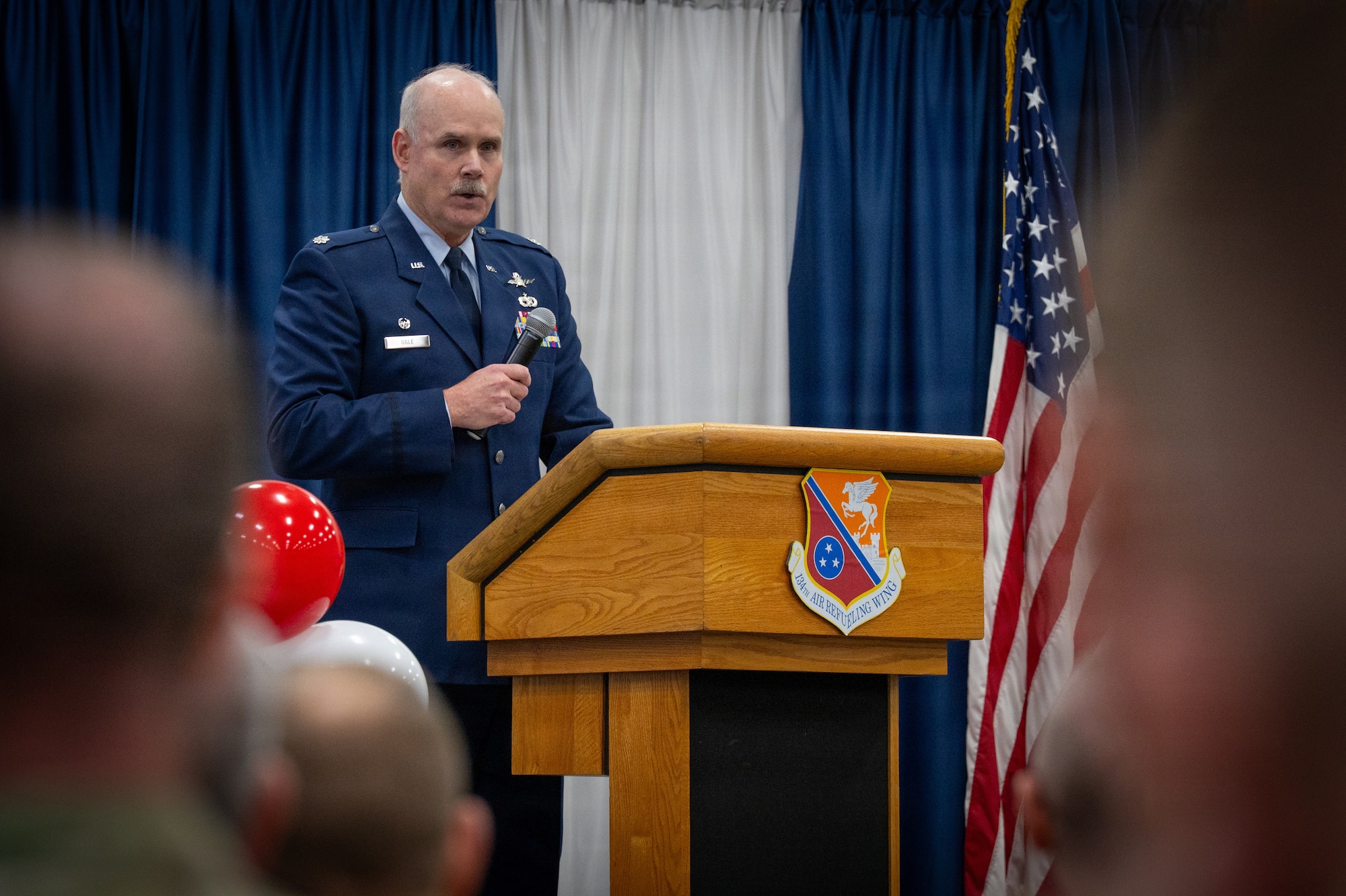 U.S. Air National Guard Lt. Col. Joseph Ogle, commander of the 119th Cyberspace Operations Squadron, speaks during a ceremony at McGhee Tyson Air National Guard Base, Tennessee, Jan. 11, 2026.