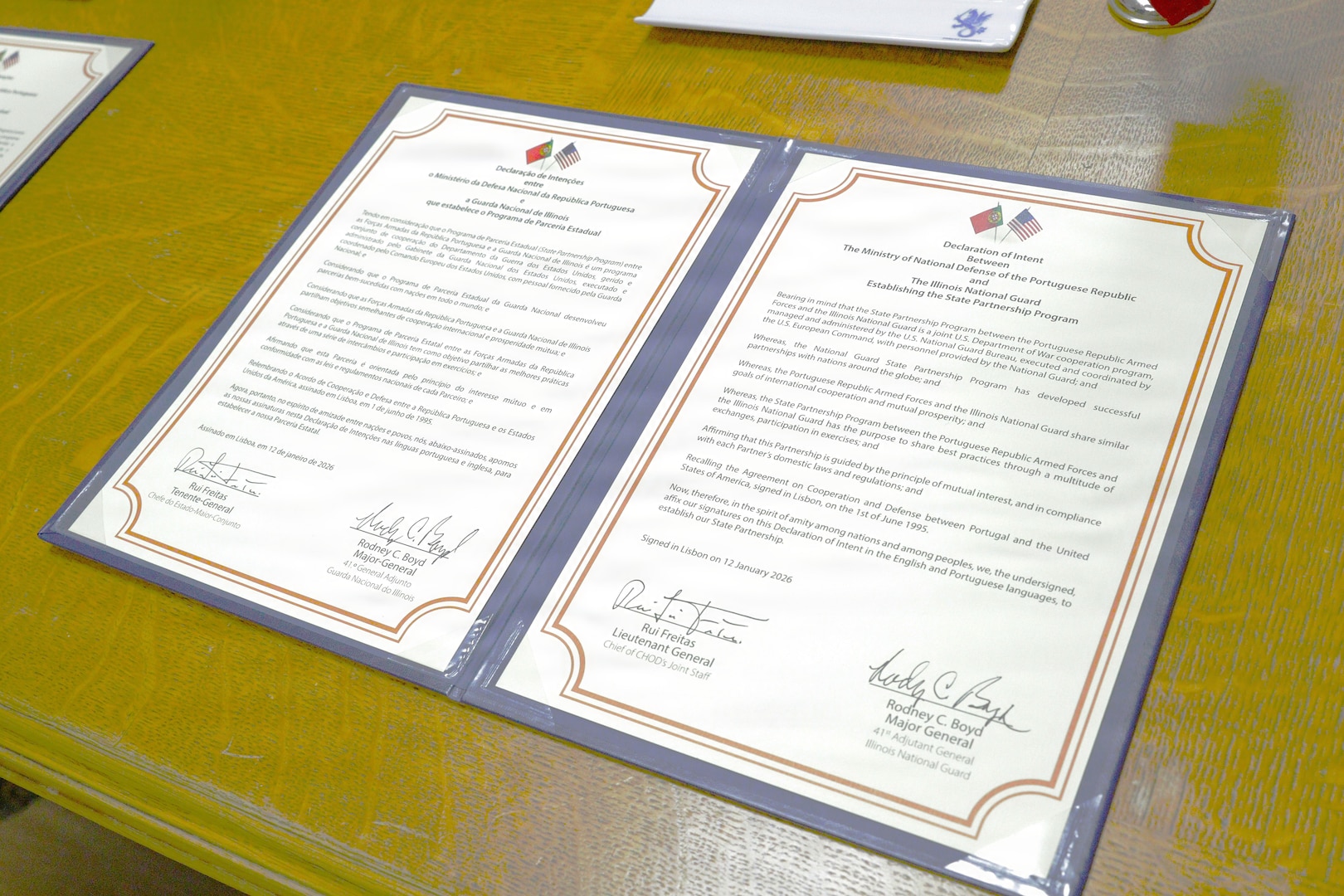 Maj. Gen. Rodney Boyd of the Illinois National Guard and Portuguese Lt. Gen. Rui Freitas sign a formal agreement on Jan. 12, creating a State Partnership Program between their respective forces.