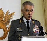 General José Fonseca, Chief of Staff of the Portuguese Armed Forces, speaks at the State Partnership Program signing ceremony in Lisbon on Jan. 12. He called the agreement "a clear commitment to deepening bilateral cooperation" between the two nations.