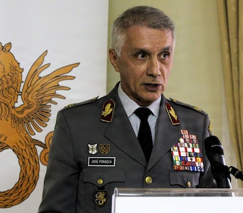 General José Fonseca, Chief of Staff of the Portuguese Armed Forces, speaks at the State Partnership Program signing ceremony in Lisbon on Jan. 12. He called the agreement "a clear commitment to deepening bilateral cooperation" between the two nations.