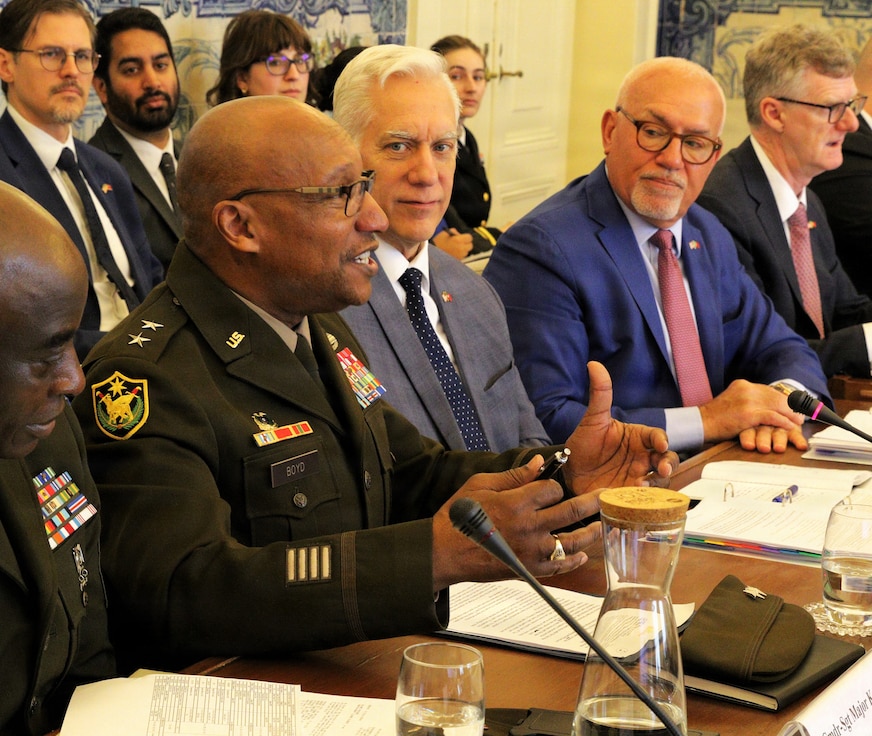 Maj. Gen. Rodney Boyd, The Adjutant General of Illinois and Commander of the Illinois National Guard, speaks during a ceremony formalizing the State Partnership Program agreement between the Illinois National Guard and the Portuguese military on Jan. 12.