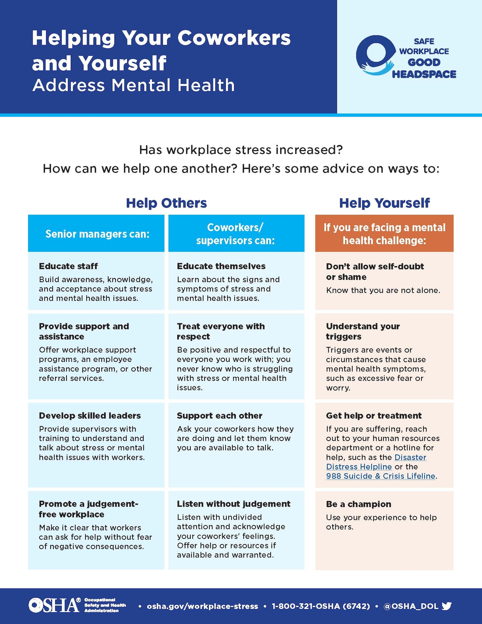 The Arnold Engineering Development Complex Safety team is encouraging fellow team members across the AEDC workforce to be aware of workplace stress and to prioritize mental and emotional well-being. (Occupational Safety and Health Administration graphic)