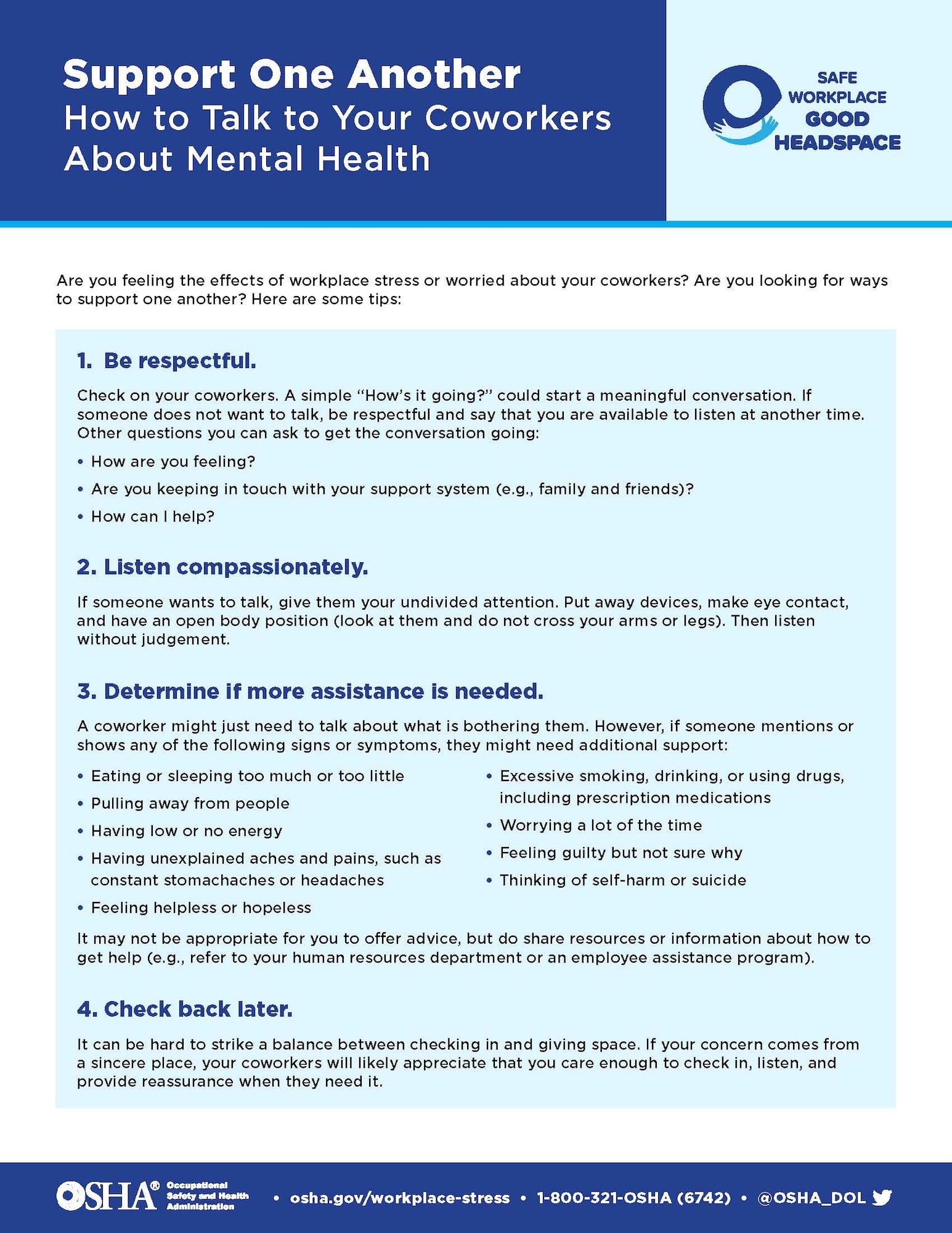 The Arnold Engineering Development Complex Safety team is encouraging fellow team members across the AEDC workforce to be aware of workplace stress and to prioritize mental and emotional well-being. (Occupational Safety and Health Administration graphic)