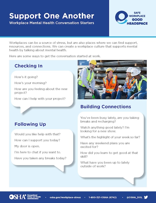 The Arnold Engineering Development Complex Safety team is encouraging fellow team members across the AEDC workforce to be aware of workplace stress and to prioritize mental and emotional well-being. (Occupational Safety and Health Administration graphic)