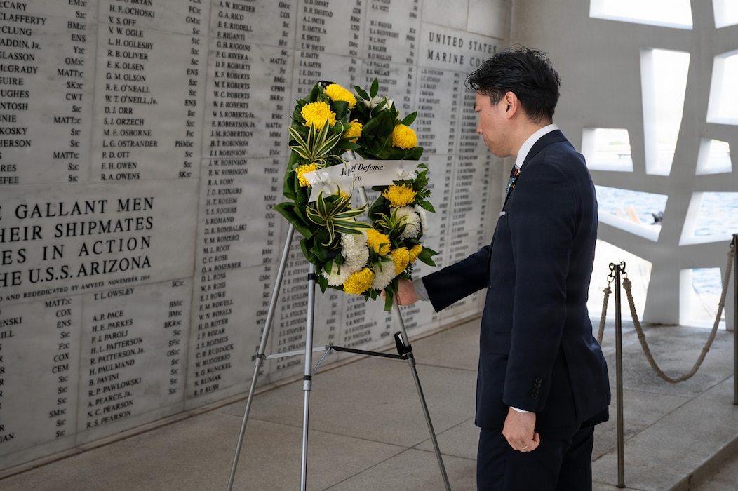 Japanese Minister of Defense Shinjirō Koizumi lays a wreath at the USS Arizona Memorial in Pearl Harbor, Hawaii, Jan. 12, 2026.