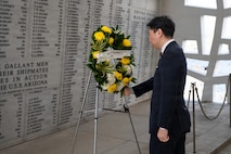 Japanese Minister of Defense Shinjirō Koizumi lays a wreath at the USS Arizona Memorial in Pearl Harbor, Hawaii, Jan. 12, 2026.