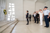Japanese Minister of Defense Shinjirō Koizumi lays a wreath at the USS Arizona Memorial in Pearl Harbor, Hawaii, Jan. 12, 2026.