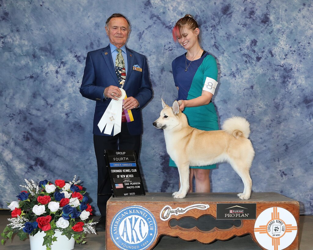 Morgan Humphrey stands with her buhund Erica after a show, June 2, 2025. “Erica got an Owner-Handled Group 4 and her first major points towards her championship,”
at this show, Humphrey said.