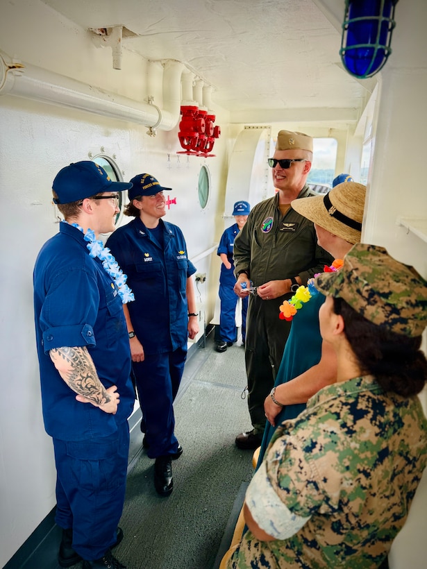 Rear Adm. Brett Mietus, commander of Joint Region Marianas, and his wife, Willow welcome the command and crew of USCGC Hickory (WLB 212), a 225-foot Juniper-class seagoing buoy tender, upon arrival to homeport in Guam on Jan. 14, 2026, following a more than 13,000-mile transit over 71 days from the U.S. Coast Guard Yard in Baltimore through the Panama Canal. After an extended Major Maintenance Availability at the Yard, part of the In-Service Vessel Sustainment Program that modernizes the entire Juniper-class fleet with hull repairs, system upgrades, and replacement of obsolete equipment, the Hickory is now fully revitalized. (U.S. Coast Guard photo by Chief Warrant Officer Muir)