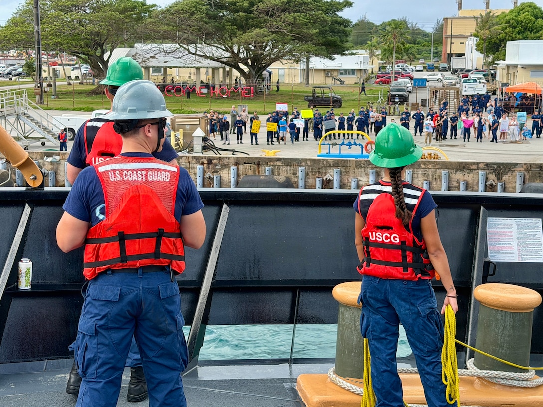 The USCGC Hickory (WLB 212), a 225-foot Juniper-class seagoing buoy tender, arrives at its new homeport in Guam on Jan. 14, 2026, following a more than 13,000-mile transit over 71 days from the U.S. Coast Guard Yard in Baltimore through the Panama Canal. After an extended Major Maintenance Availability at the Yard, part of the In-Service Vessel Sustainment Program that modernizes the entire Juniper-class fleet with hull repairs, system upgrades, and replacement of obsolete equipment, the Hickory is now fully revitalized. (U.S. Coast Guard photo by Chief Warrant Officer Muir)